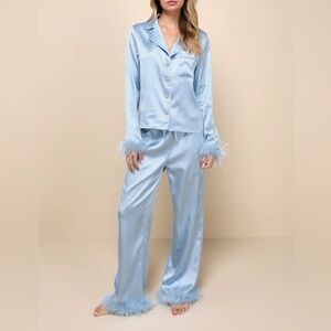 Dreamiest Delight Light Blue Satin Feather Two-Piece Pajama Set